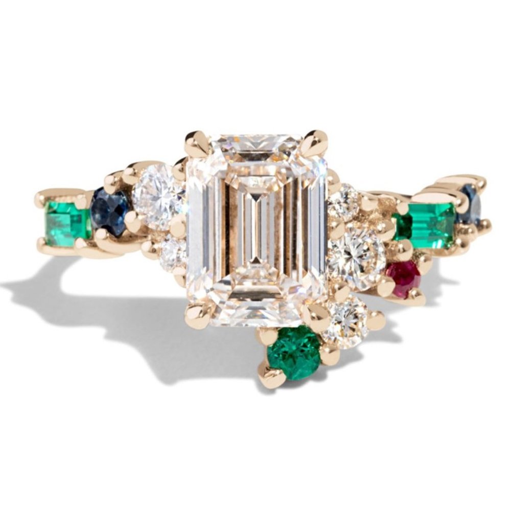 Trendy Colourful Gemstone Dainty Large Rectangle Gold Rings for Women, INDN8511 - Picture 3 of 3